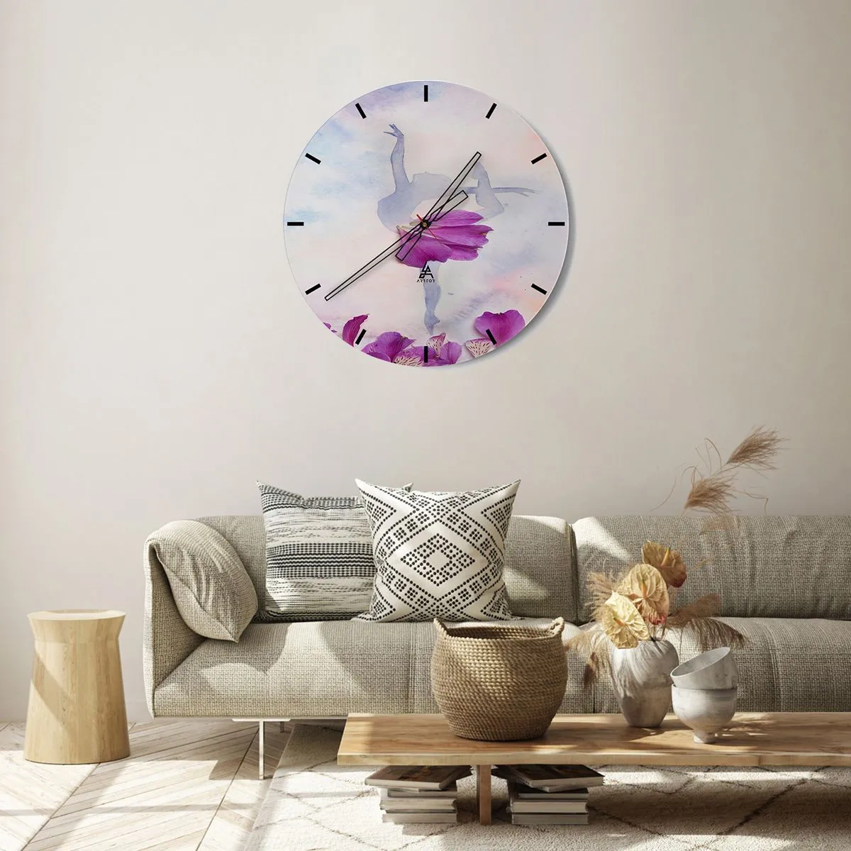 Horloge murale - Pendule murale - Silhouette d'une ballerine avec des fleurs aux couleurs pastel - 30x30cm - Délicat comme une fleur - Décoration murale moderne pour le salon, la cuisine et la chambre ARTTOR