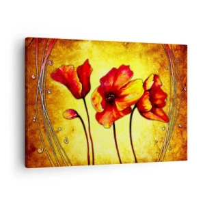 Impression sur toile - Image sur toile - Fleurs rouges et jaunes sur fond doré avec motifs décoratifs - 70x50cm - Dans la décoration Art Nouveau - Décoration murale moderne pour le salon et la chambre ARTTOR