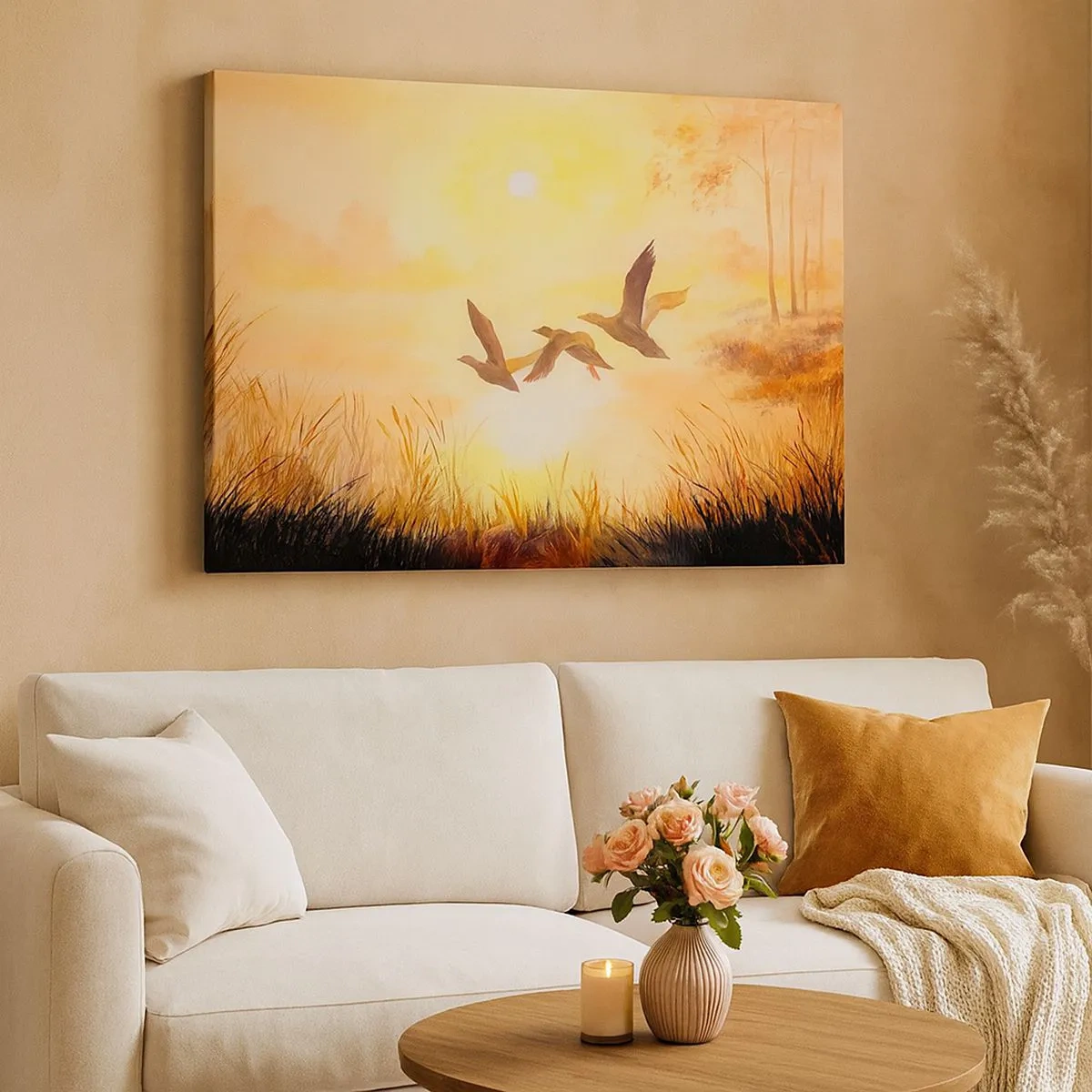 Impression sur toile - Image sur toile - Canards volant au lever du soleil au-dessus du lac - 70x50cm - Le début d'un long voyage - Décoration murale moderne pour le salon et la chambre ARTTOR
