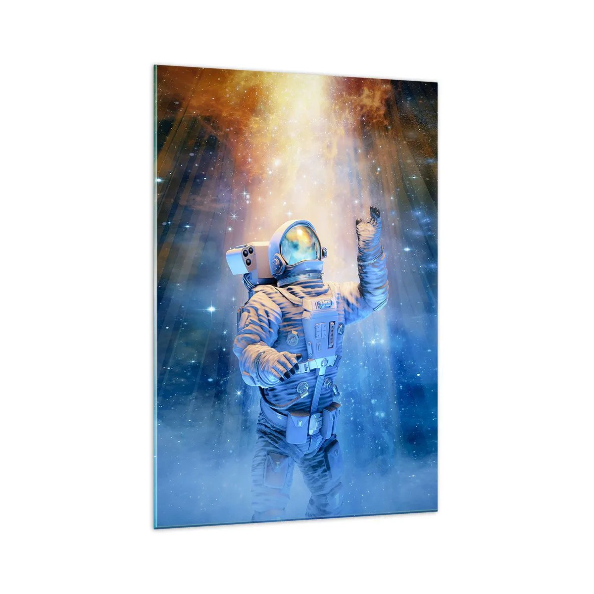 Impression sur verre - Image sur verre - Un astronaute à la lumière d'une explosion cosmique pleine d'étoiles - 70x100cm - Enfin arrivé - Décoration murale moderne pour le salon et la chambre ARTTOR
