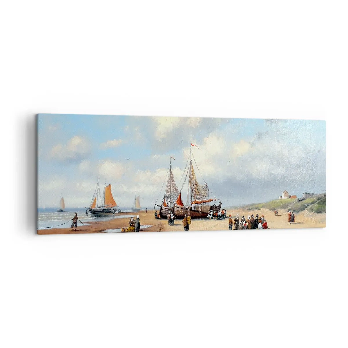 Impression sur toile - Image sur toile - Bateaux de pêche sur la plage avec des figures humaines - 140x50cm - Après une capture réussie - Décoration murale moderne pour le salon et la chambre ARTTOR
