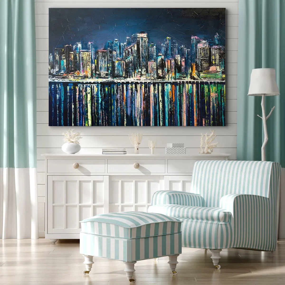 Impression sur toile - Image sur toile - Panorama de la ville nocturne reflétée dans l'eau - 100x70cm - Cascade de lumières - Décoration murale moderne pour le salon et la chambre ARTTOR