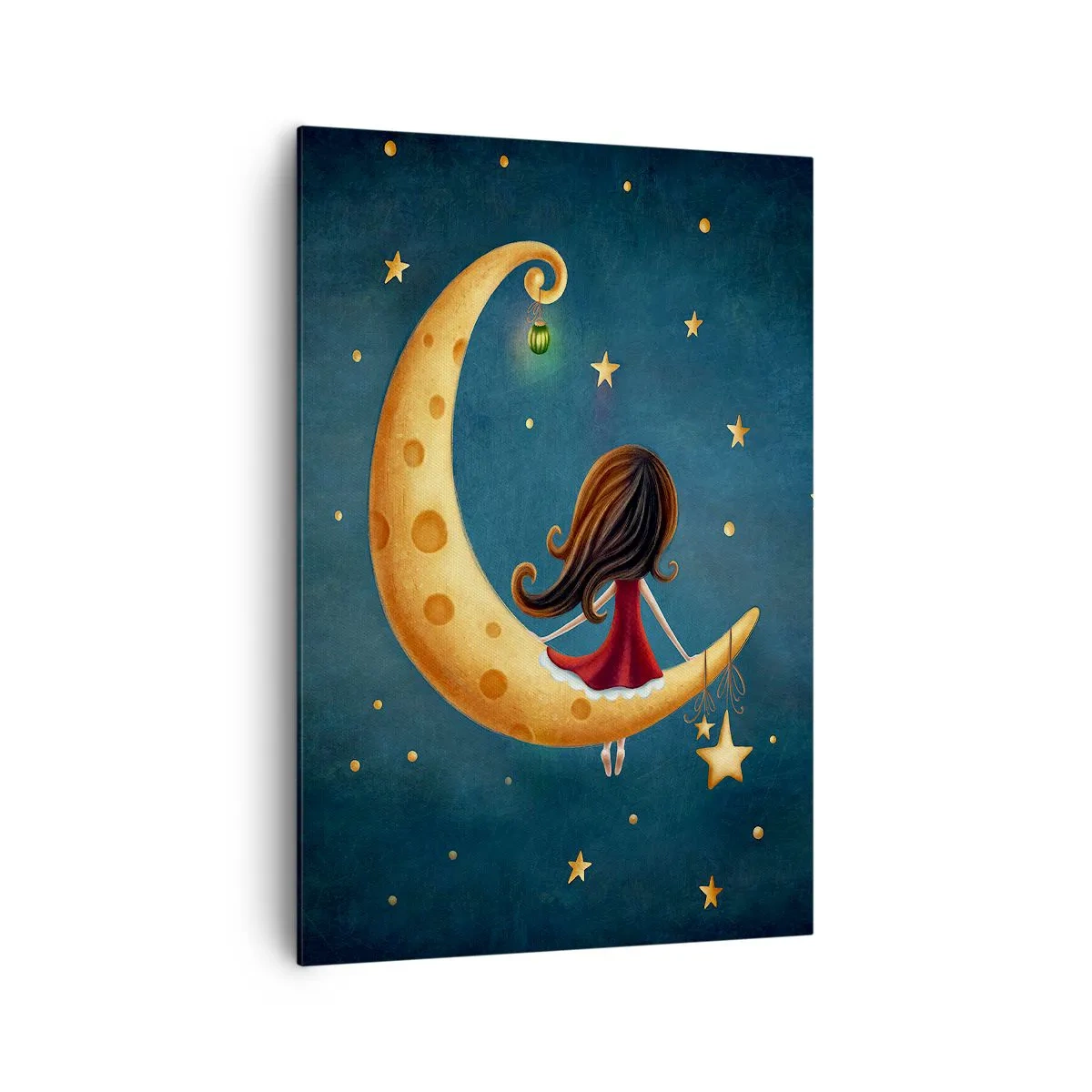 Impression sur toile - Image sur toile - Une fille sur la lune entourée d'étoiles - 70x100cm - Il était une fois... - Décoration murale moderne pour le salon et la chambre ARTTOR