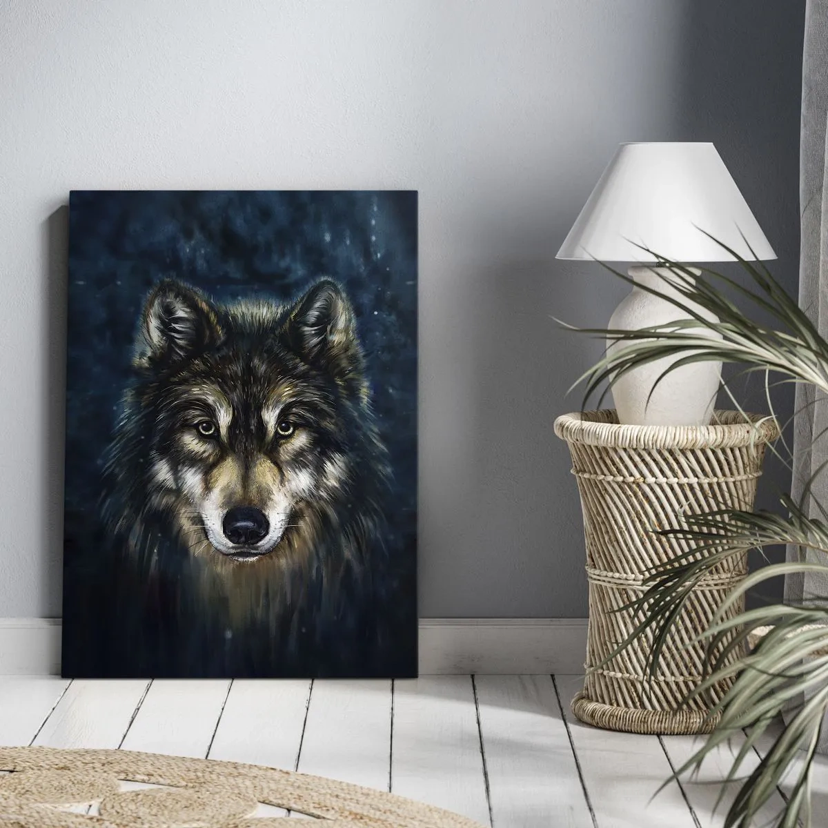 Impression sur toile - Image sur toile - Portrait d'un loup sur fond bleu foncé - 80x120cm - Alpha? Et oméga - Décoration murale moderne pour le salon et la chambre ARTTOR