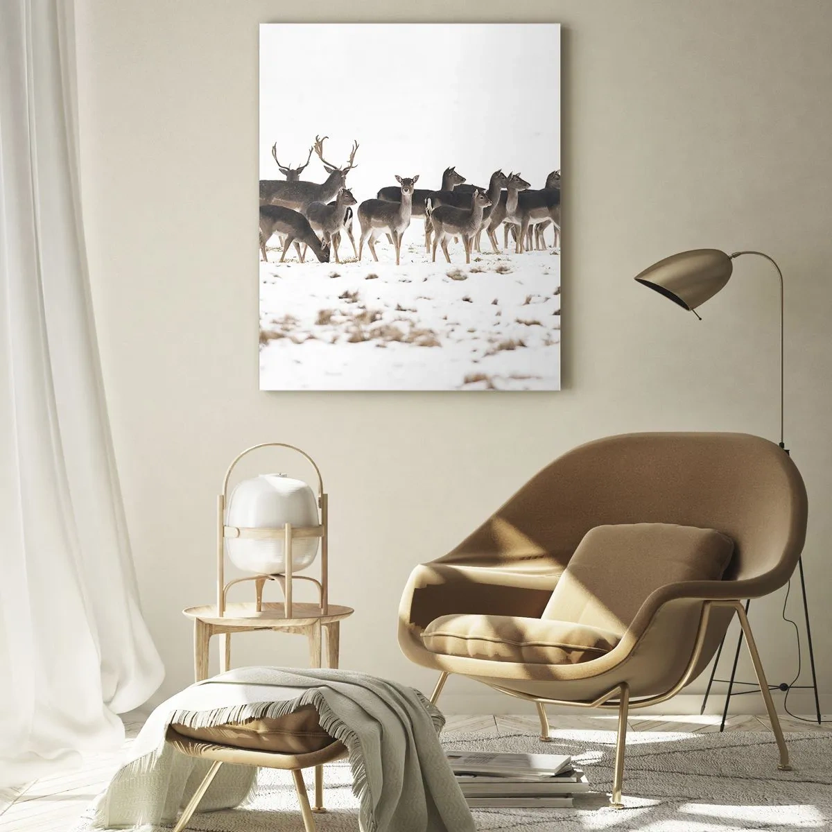 Impression sur verre - Image sur verre - Une photographie d'un troupeau de cerfs dans un paysage enneigé - 50x70cm - Les fêtes approchent ? - Décoration murale moderne pour le salon et la chambre ARTTOR