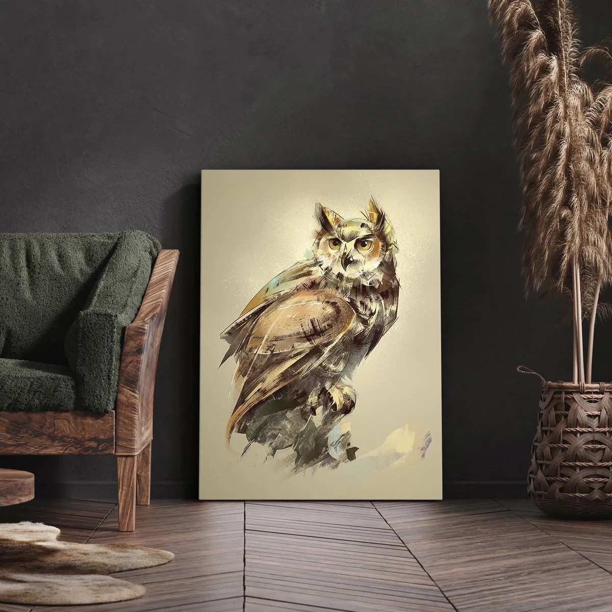 Impression sur toile - Image sur toile - Portrait artistique d'un hibou sur un fond clair dans des tons chauds. - 70x100cm - Le hibou le plus intelligent - confirmera la forêt de chênes - Décoration murale moderne pour le salon et la chambre ARTTOR