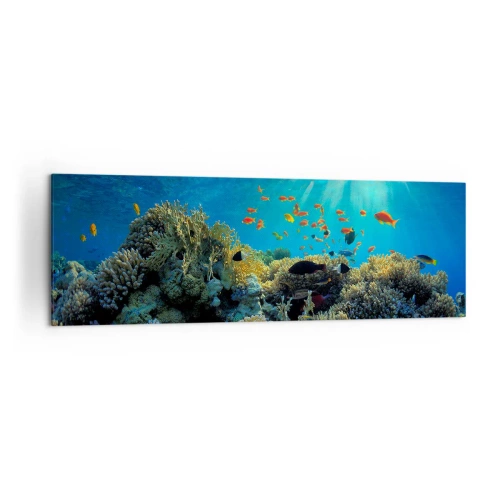 Impression sur toile - Image sur toile - Récif corallien avec des poissons sous les rayons du soleil sous l'eau - 160x50cm - Trésor sous-marin - Décoration murale moderne pour le salon et la chambre ARTTOR
