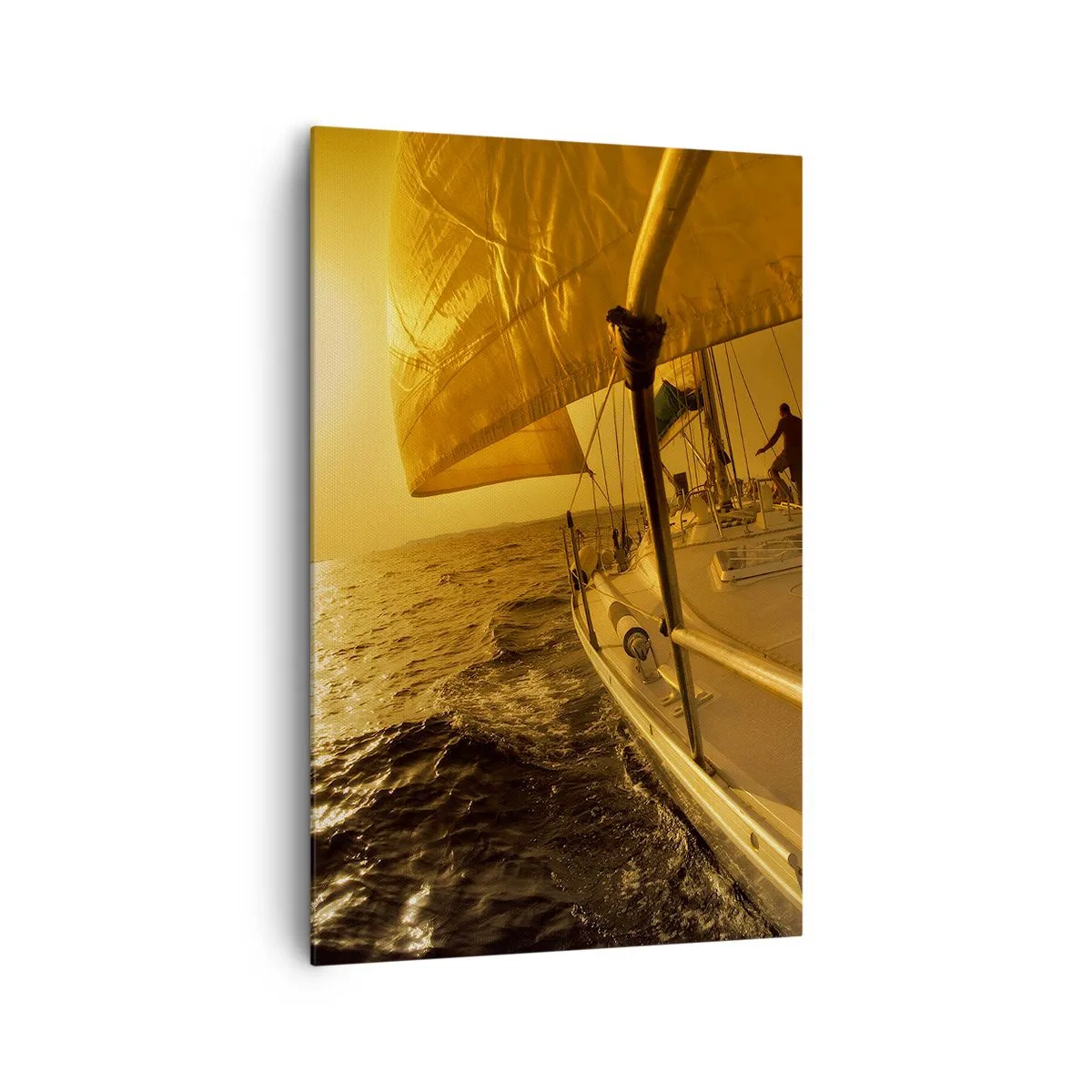 Impression sur toile - Image sur toile - Voilier en mer au coucher du soleil, lueur dorée. - 80x120cm - Une soirée en por après une journée haute en couleurs - Décoration murale moderne pour le salon et la chambre ARTTOR