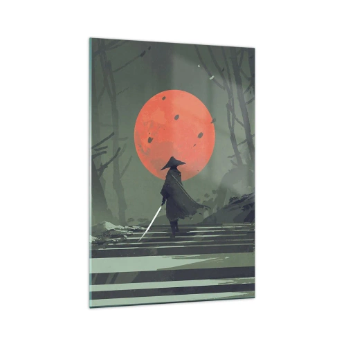Impression sur verre - Image sur verre - Un guerrier solitaire avec une épée sur fond de lune rouge dans une forêt sombre. - 70x100cm - Guerrier de la lune rouge - Décoration murale moderne pour le salon et la chambre ARTTOR