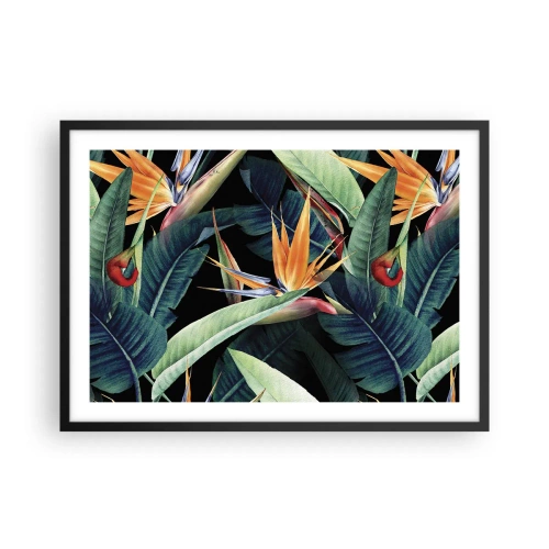 Affiche dans un cadre noir - Poster - Fleurs et feuilles tropicales sur fond noir - 70x50cm - Fleurs flamboyantes des tropiques - Décoration murale moderne pour le salon et la chambre ARTTOR