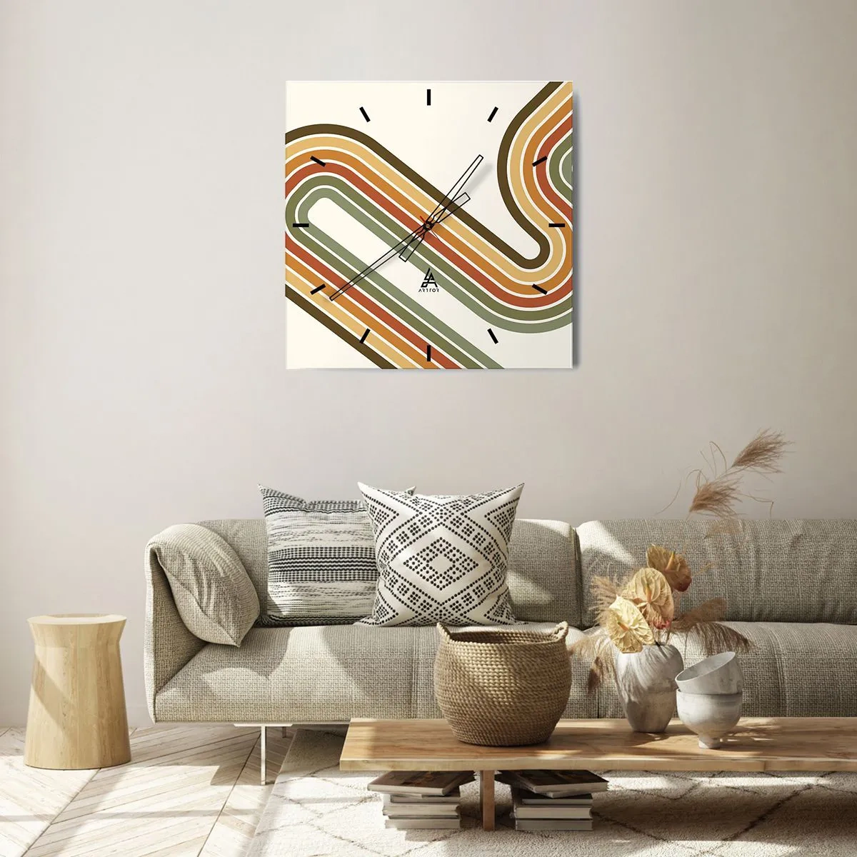 Horloge murale - Pendule murale - Motif géométrique dans les tons de vert, orange et beige sur fond clair - 30x30cm - En zig zag vers le but - Décoration murale moderne pour le salon et la chambre ARTTOR
