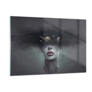 Impression sur verre - Image sur verre - Une femme avec des planètes pour tête dans une composition surréaliste - 120x80cm - Et les planètes deviennent folles... - Décoration murale moderne pour le salon et la chambre ARTTOR