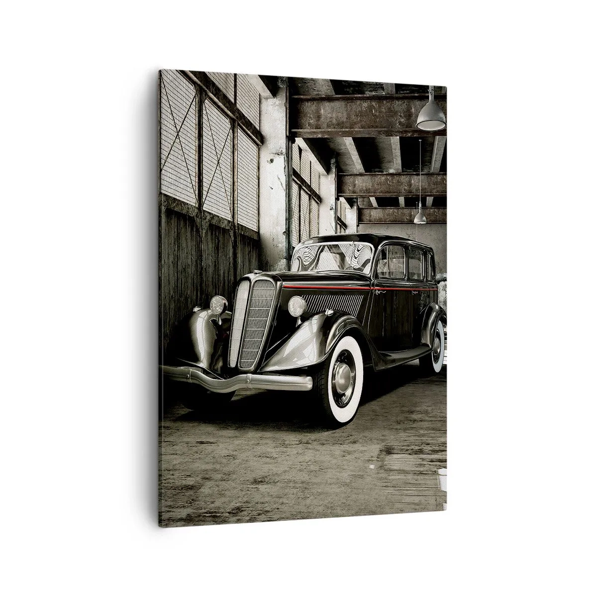 Impression sur toile - Image sur toile - Voiture rétro élégante dans un entrepôt brut - 50x70cm - L'élégance éternelle des années 30 - Décoration murale moderne pour le salon et la chambre ARTTOR