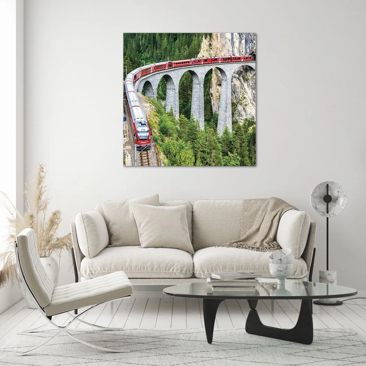 Impression sur verre - Image sur verre - Chemin de fer avec vue sur la montagne - 60x60 cm