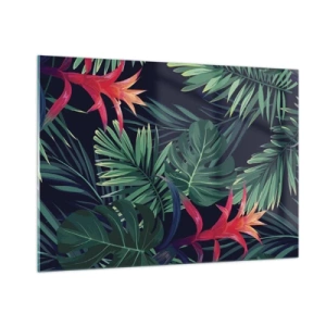 Impression sur verre - Image sur verre - Feuilles et fleurs exotiques sur fond sombre - 100x70cm - immergé dans la nature - Décoration murale moderne pour le salon et la chambre ARTTOR