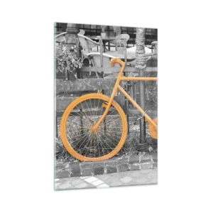 Impression sur verre - Image sur verre - Photographie artistique d'un vélo jaune sur fond noir et blanc - 80x120cm - Allez, je vais attendre ici - Décoration murale moderne pour le salon et la chambre ARTTOR