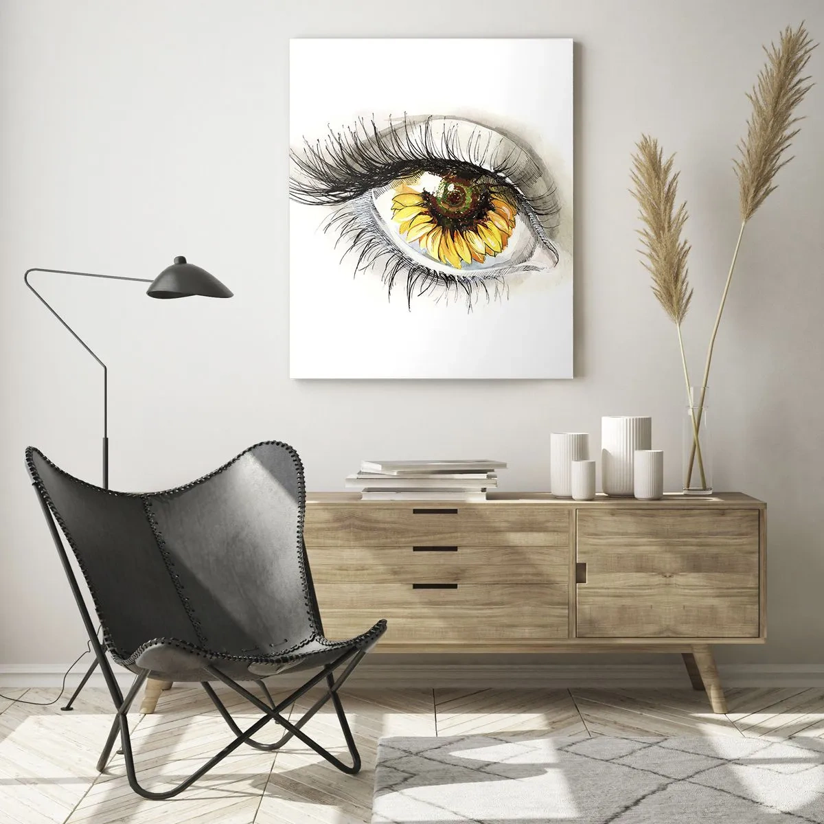 Impression sur verre - Image sur verre - Œil artistique avec un iris en forme de tournesol - 70x100cm - Un look aussi chaud que l'été - Décoration murale moderne pour le salon et la chambre ARTTOR