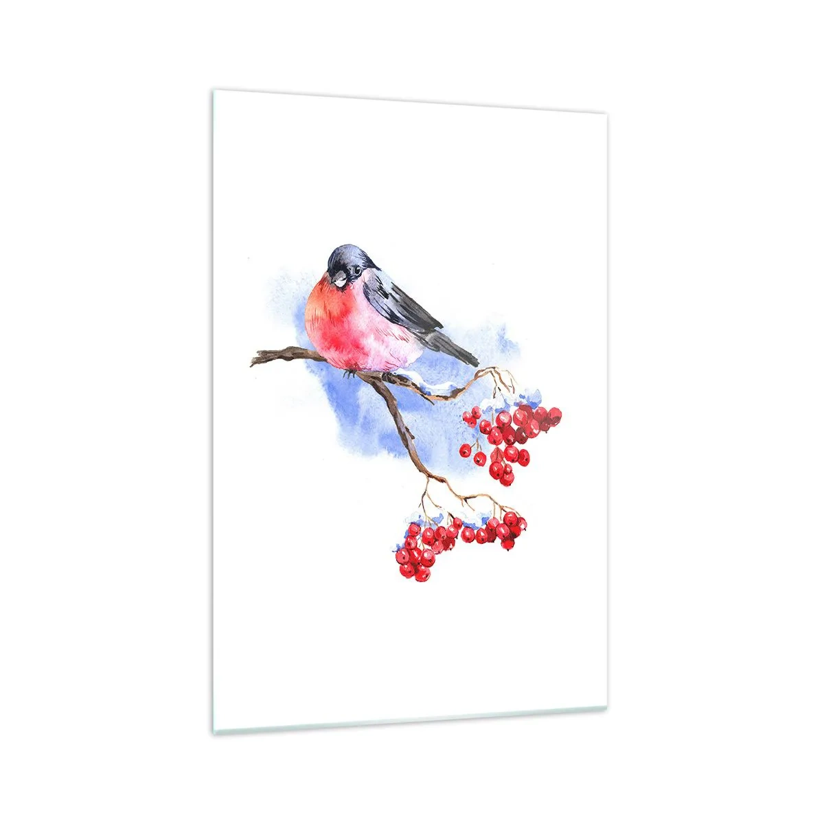 Impression sur verre - Image sur verre - Oiseau sur une branche avec des fruits rouges sur fond aquarelle - 70x100cm - L'hiver en couleurs - Décoration murale moderne pour le salon et la chambre ARTTOR