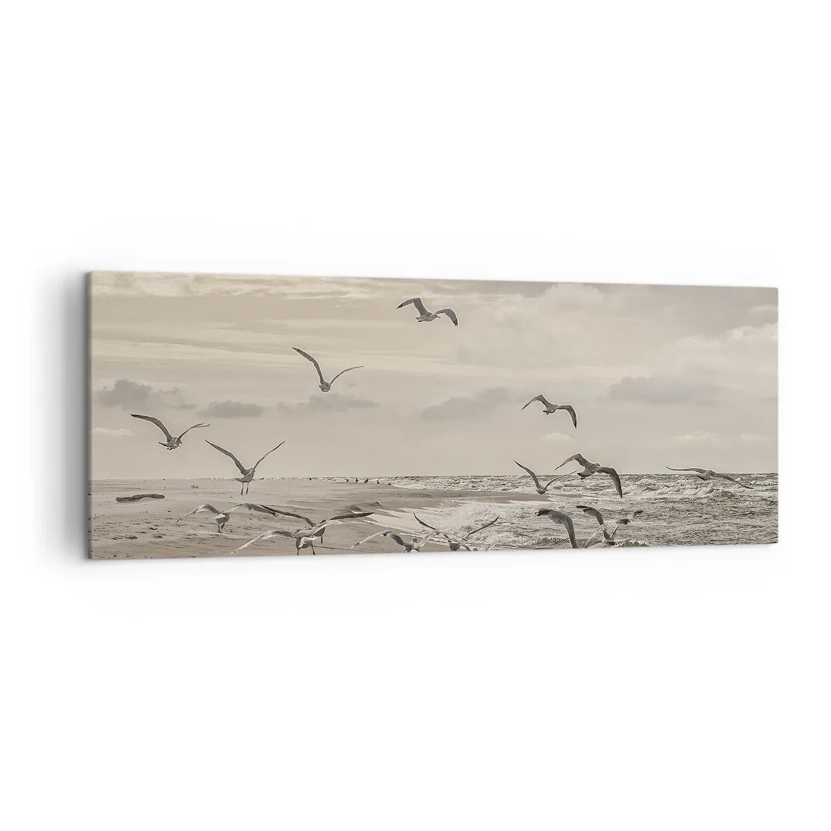 Impression sur toile - Image sur toile - Une mouette en vol au-dessus d'un paysage balnéaire - 140x50cm - Le bruit de la mer, le chant des oiseaux - Décoration murale moderne pour le salon et la chambre ARTTOR