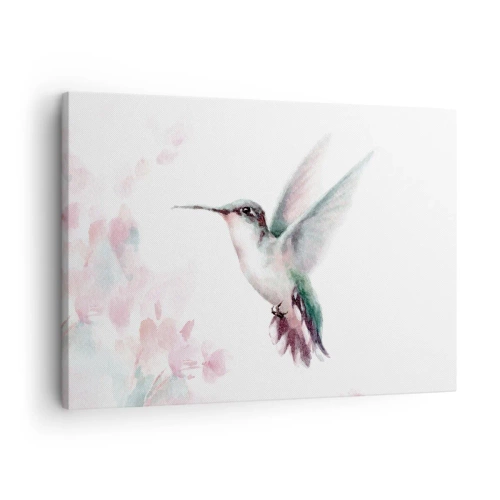 Impression sur toile - Image sur toile - Un colibri aux couleurs pastel délicates sur un fond de fleurs - 70x50cm - Immortalisé dans un battement - Décoration murale moderne pour le salon et la chambre ARTTOR