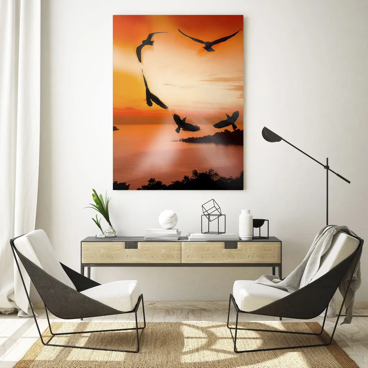 Impression sur verre - Image sur verre - Oiseaux formant un cœur sur fond de soleil couchant - 70x100cm - Aimer le monde comme les oiseaux - Décoration murale moderne pour le salon et la chambre ARTTOR