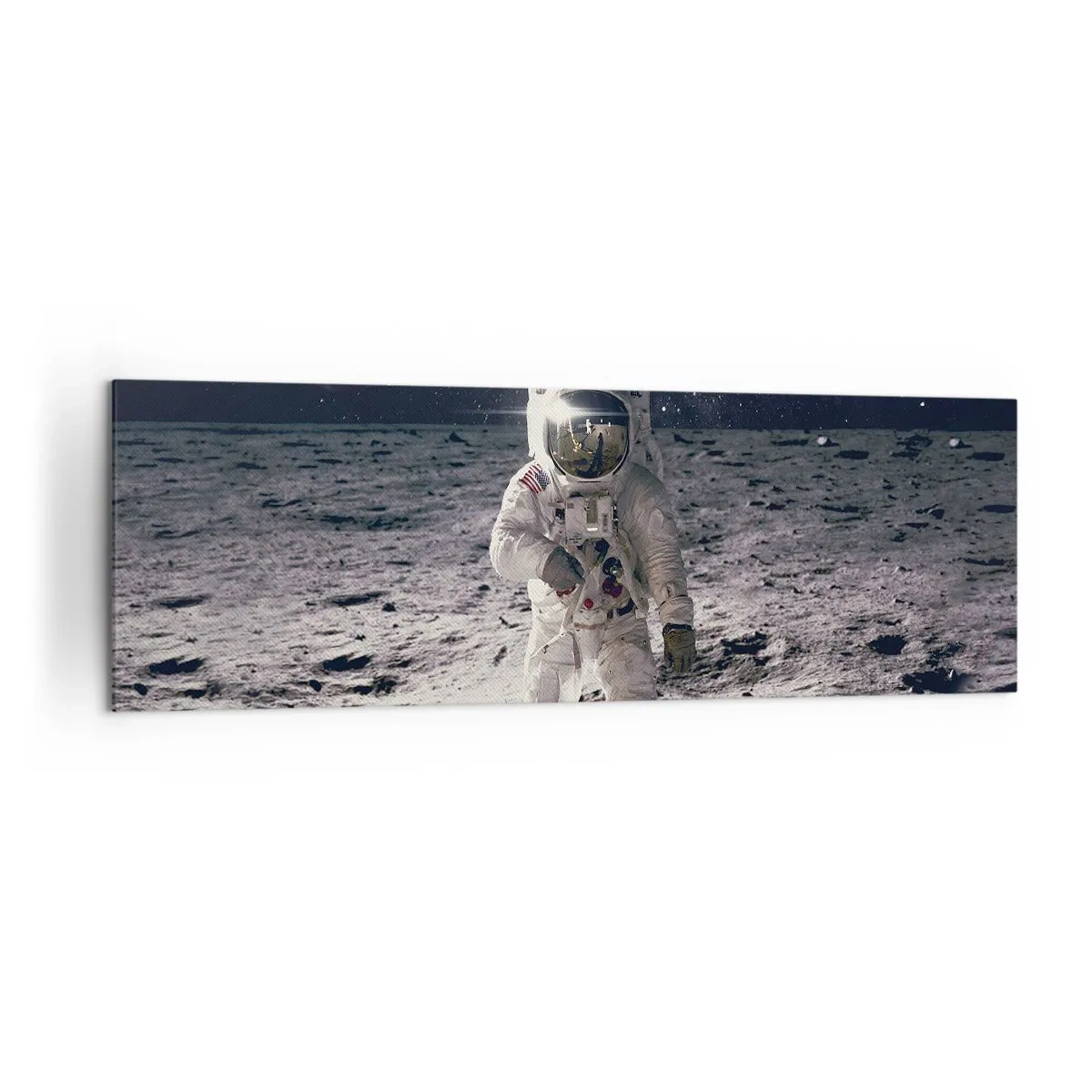 Impression sur toile - Image sur toile - Astronaute à la surface de la Lune avec la Terre en arrière-plan - 160x50cm - Salutations de la lune - Décoration murale moderne pour le salon et la chambre ARTTOR