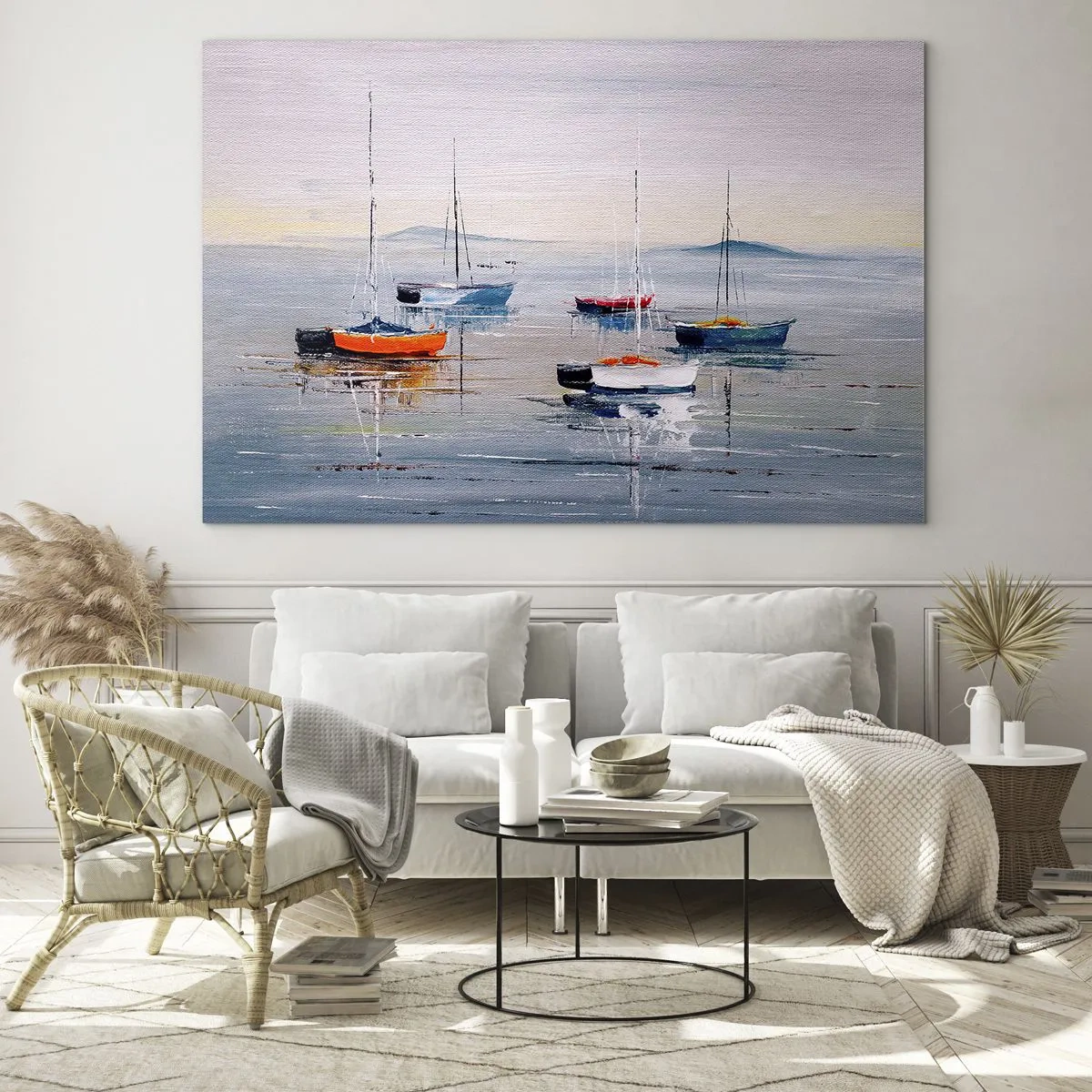 Impression sur verre - Image sur verre - Bateaux colorés dérivant sur l'eau calme au coucher du soleil - 120x80cm - Un repos bien mérité - Décoration murale moderne pour le salon et la chambre ARTTOR