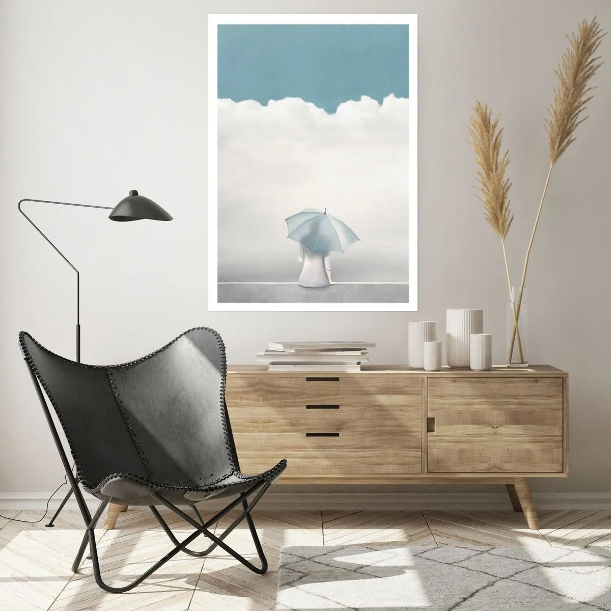 Affiche - Poster - Une silhouette avec un parapluie assise sur un rebord parmi les nuages - 50x70cm - Aux confins de la réalité et des rêves - Décoration murale moderne pour le salon et la chambre ARTTOR