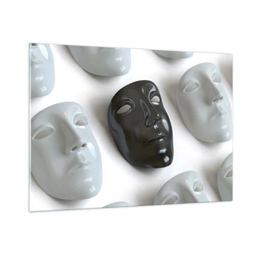 Impression sur verre - Image sur verre - Un masque noir et blanc sur un fond de masques blancs sur fond clair - 100x70cm - Comment se démarquer ? - Décoration murale moderne pour le salon et la chambre ARTTOR