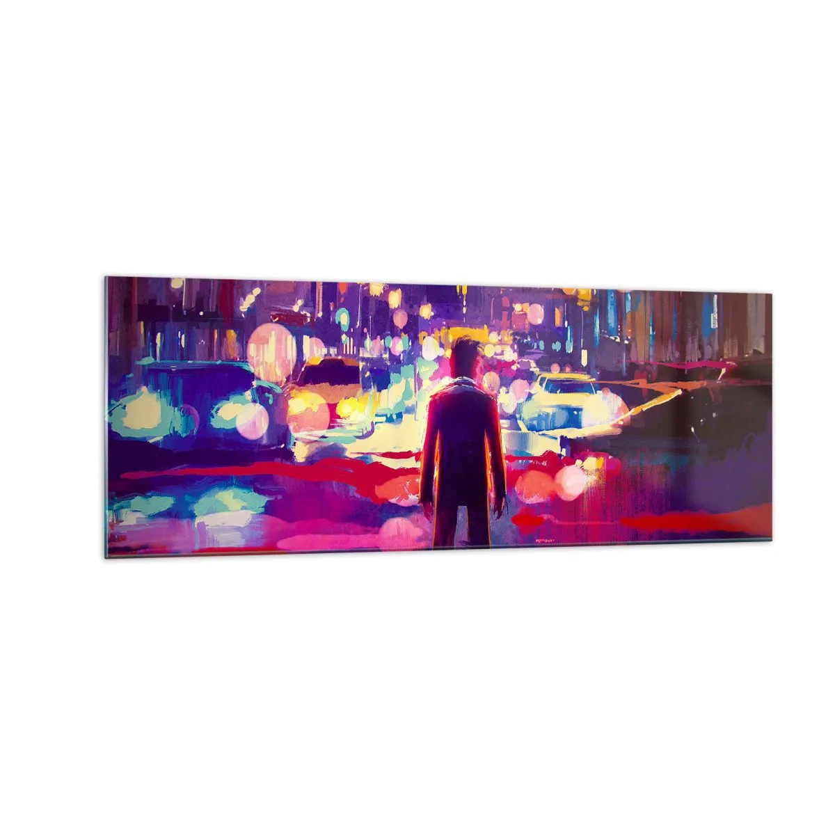 Impression sur verre - Image sur verre - Un homme dans une scène nocturne de ville au néon - 140x50cm - Immergé dans la lumière - Décoration murale moderne pour le salon et la chambre ARTTOR