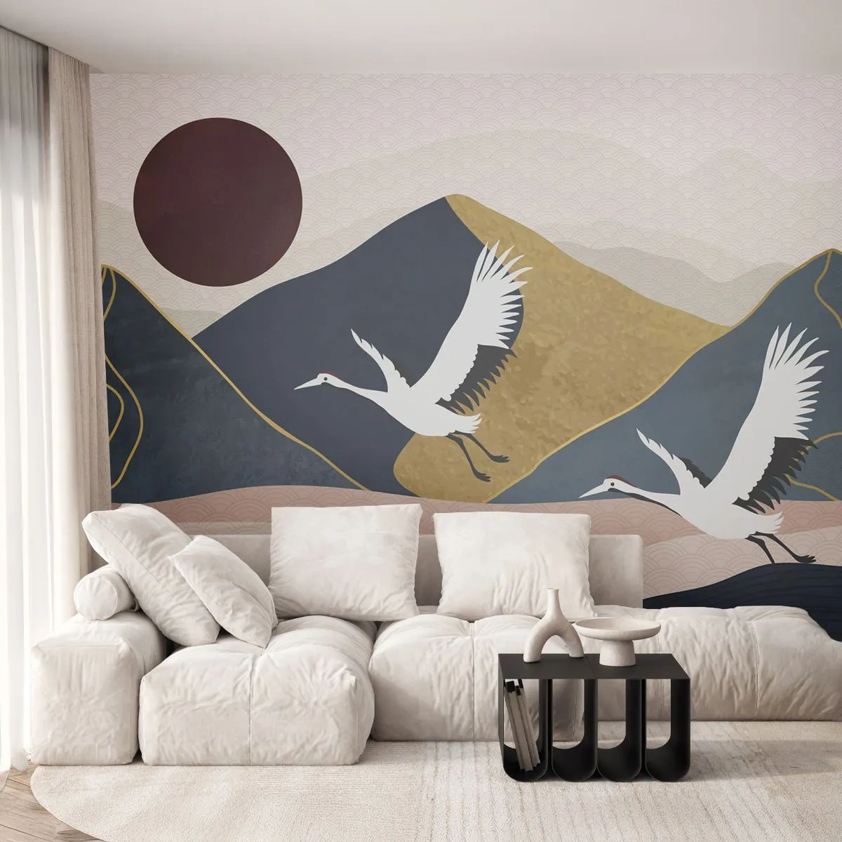 Papier Peint Photo Premium Canvas - Encore une fois, la journée s'est ÉCOULÉE - Abstraction, Grues, Montagnes - 200x140 cm