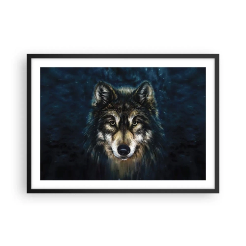 Affiche dans un cadre noir - Poster - Portrait d'un loup sur fond bleu foncé - 70x50cm - Alpha? Et oméga - Décoration murale moderne pour le salon et la chambre ARTTOR