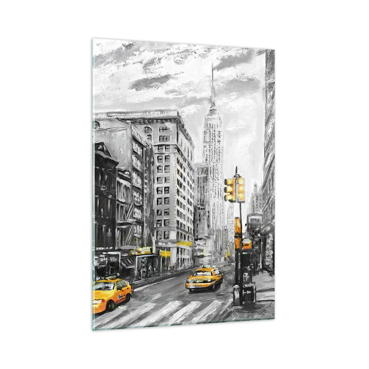 Impression sur verre - Image sur verre - Une illustration de la ville de New York dans des tons de noir et blanc avec des accents jaunes. - 50x70cm - Une histoire new-yorkaise - Décoration murale moderne pour le salon et la chambre ARTTOR