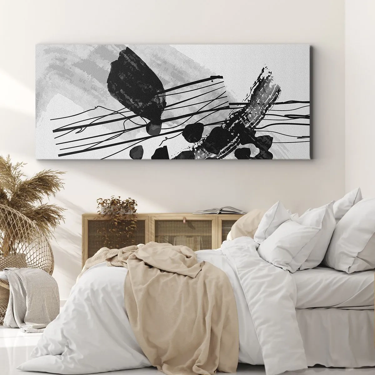 Impression sur toile - Image sur toile - Composition abstraite en noir et blanc avec des formes organiques - 160x50cm - Abstraction organique noir et blanc - Décoration murale moderne pour le salon et la chambre ARTTOR