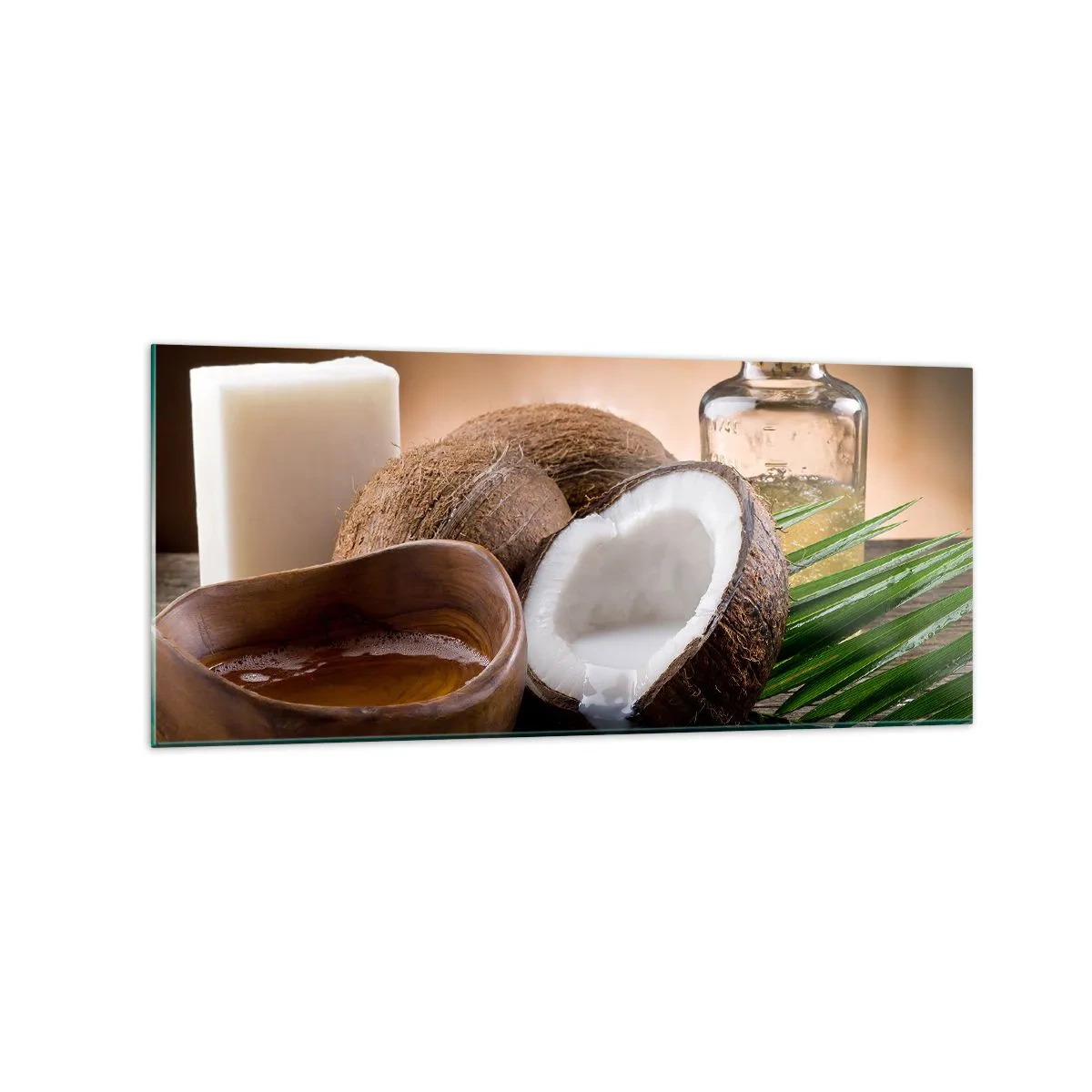 Impression sur verre - Image sur verre - Noix de coco, bougie et huile sur fond de bois - 120x50cm - Santé des îles tropicales - Décoration murale moderne pour le salon et la chambre ARTTOR
