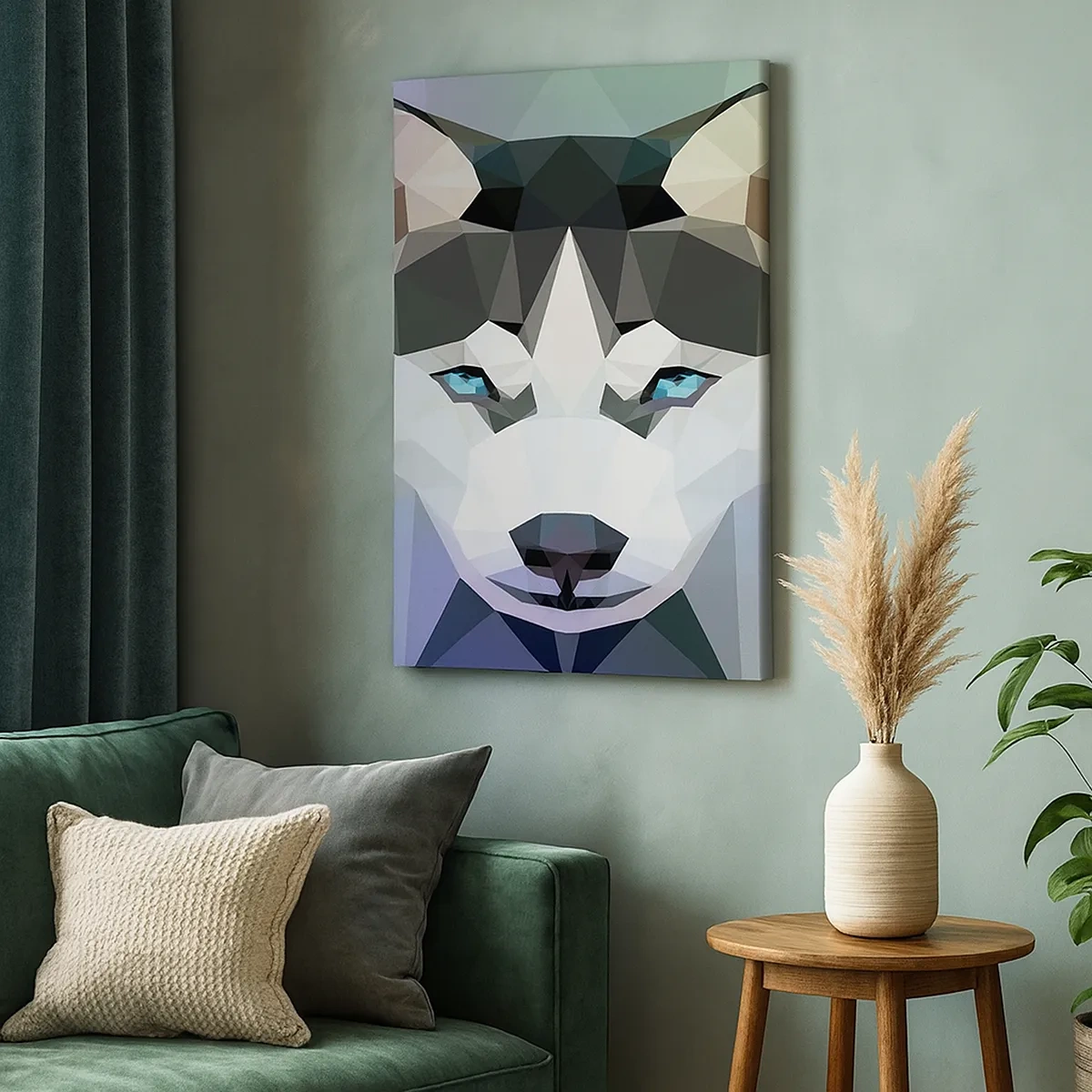 Impression sur toile - Image sur toile - Loup géométrique aux yeux bleus expressifs - 50x70cm - La mémoire des neiges du nord - Décoration murale moderne pour le salon et la chambre ARTTOR