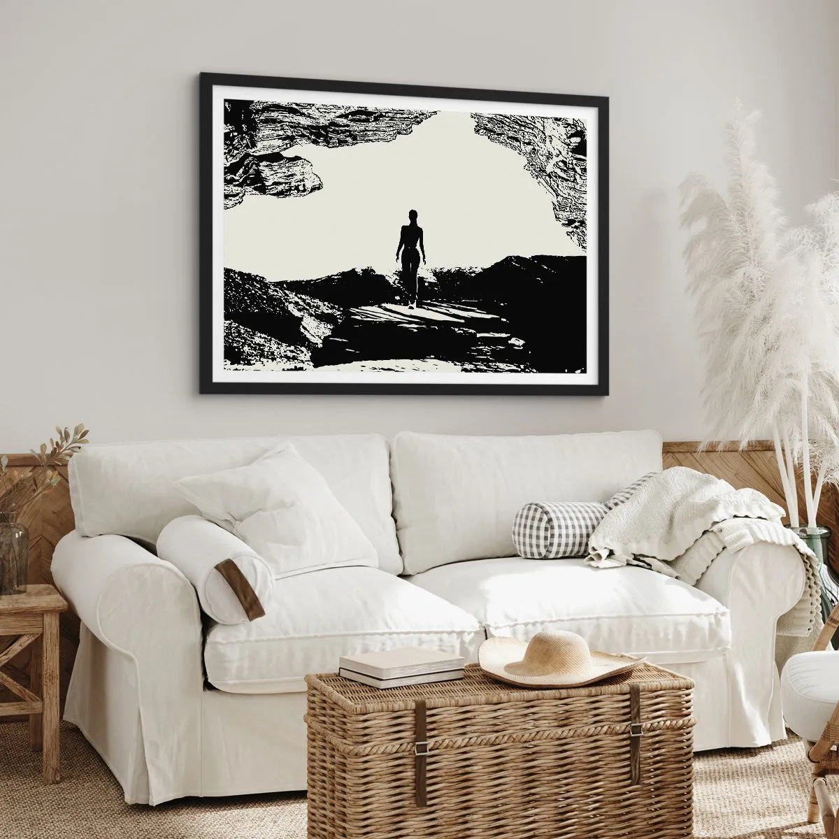 Affiche dans un cadre noir - Poster - Silhouette noire et blanche d'une femme dans une grotte contre le ciel - 70x50cm - Nouveau look - Décoration murale moderne pour le salon et la chambre ARTTOR