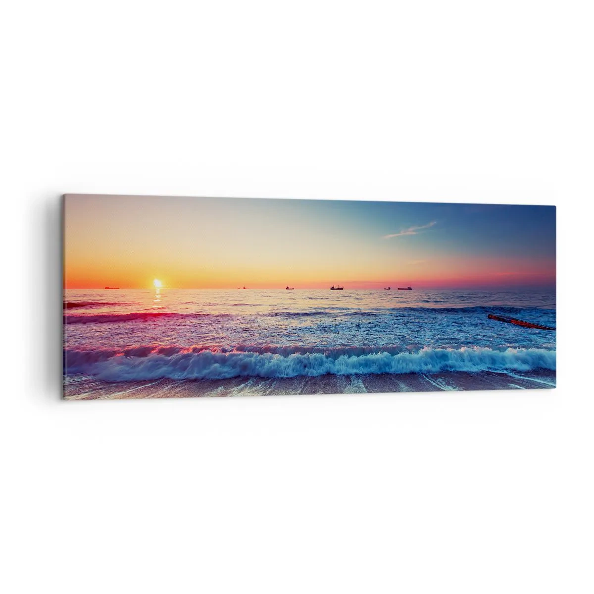 Impression sur toile - Image sur toile - Coucher de soleil sur une mer calme avec des vagues - 140x50cm - Mais quel horizon ? - Décoration murale moderne pour le salon et la chambre ARTTOR