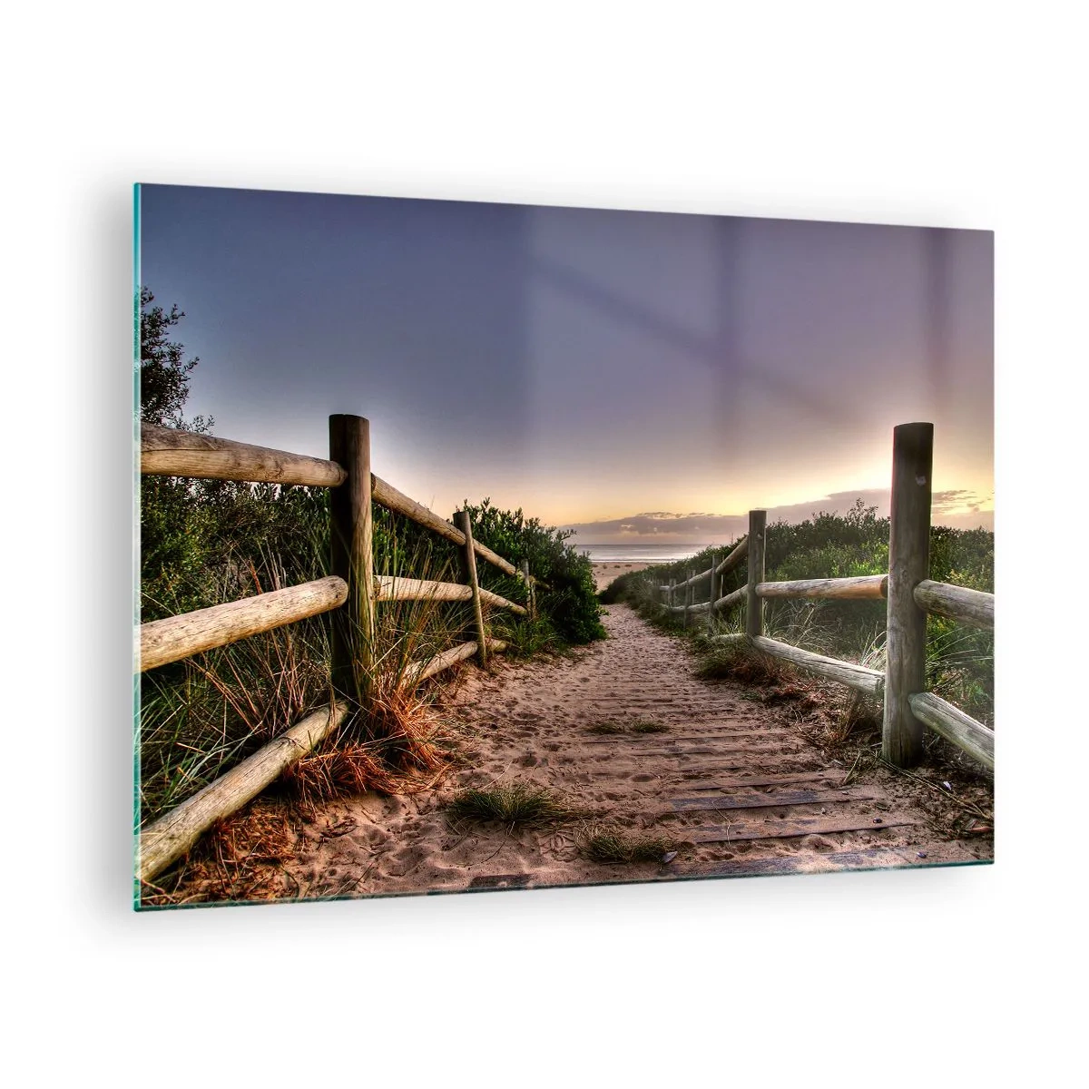 Impression sur verre - Image sur verre - Chemin vers la plage au coucher du soleil - 70x50cm - On voit déjà le but - Décoration murale moderne pour le salon et la chambre ARTTOR