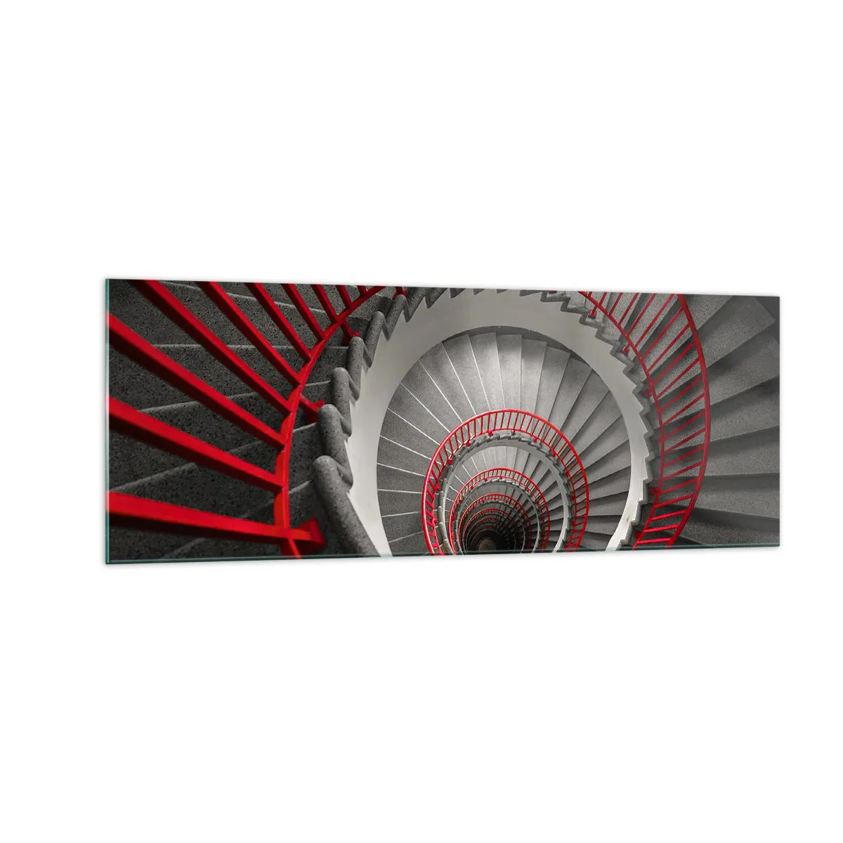 Impression sur verre - Image sur verre - Escalier en colimaçon avec rampes rouges dans une perspective dynamique - 140x50cm - Amusement architectural - Décoration murale moderne pour le salon et la chambre ARTTOR