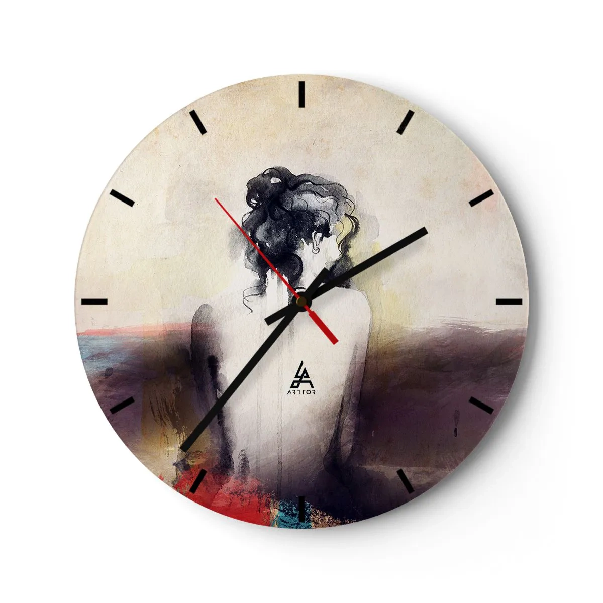 Horloge murale - Pendule murale - Un portrait subtil d'une femme dos tourné sur un fond pastel. - 30x30cm - Lignes lisses, formes ovales - Décoration murale moderne pour le salon, la cuisine et la chambre ARTTOR