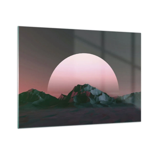 Impression sur verre - Image sur verre - Paysage abstrait avec des montagnes géométriques et un soleil rose. - 100x70cm - Dans une galaxie voisine - Décoration murale moderne pour le salon et la chambre ARTTOR