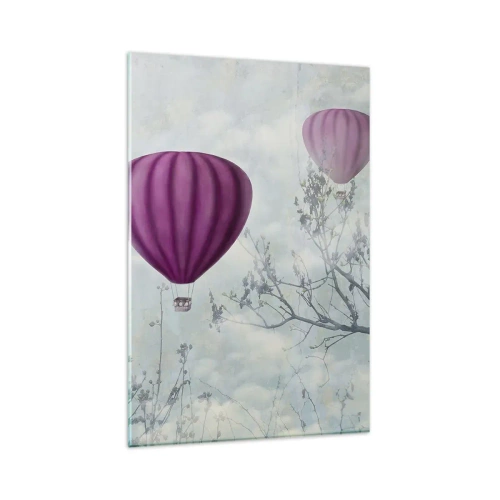 Impression sur verre - Image sur verre - Des ballons violets flottant au-dessus des arbres dans les nuages - 80x120cm - Comme des navires dans le ciel - Décoration murale moderne pour le salon et la chambre ARTTOR
