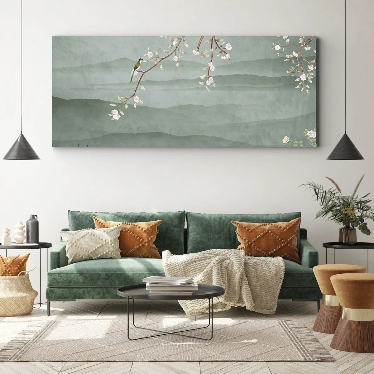 Impression sur toile - Image sur toile - Une image pittoresque d'une branche d'arbre en fleurs avec des oiseaux sur fond de collines verdoyantes. - 120x50cm - Printemps oh c'est toi - Décoration murale moderne pour le salon et la chambre ARTTOR