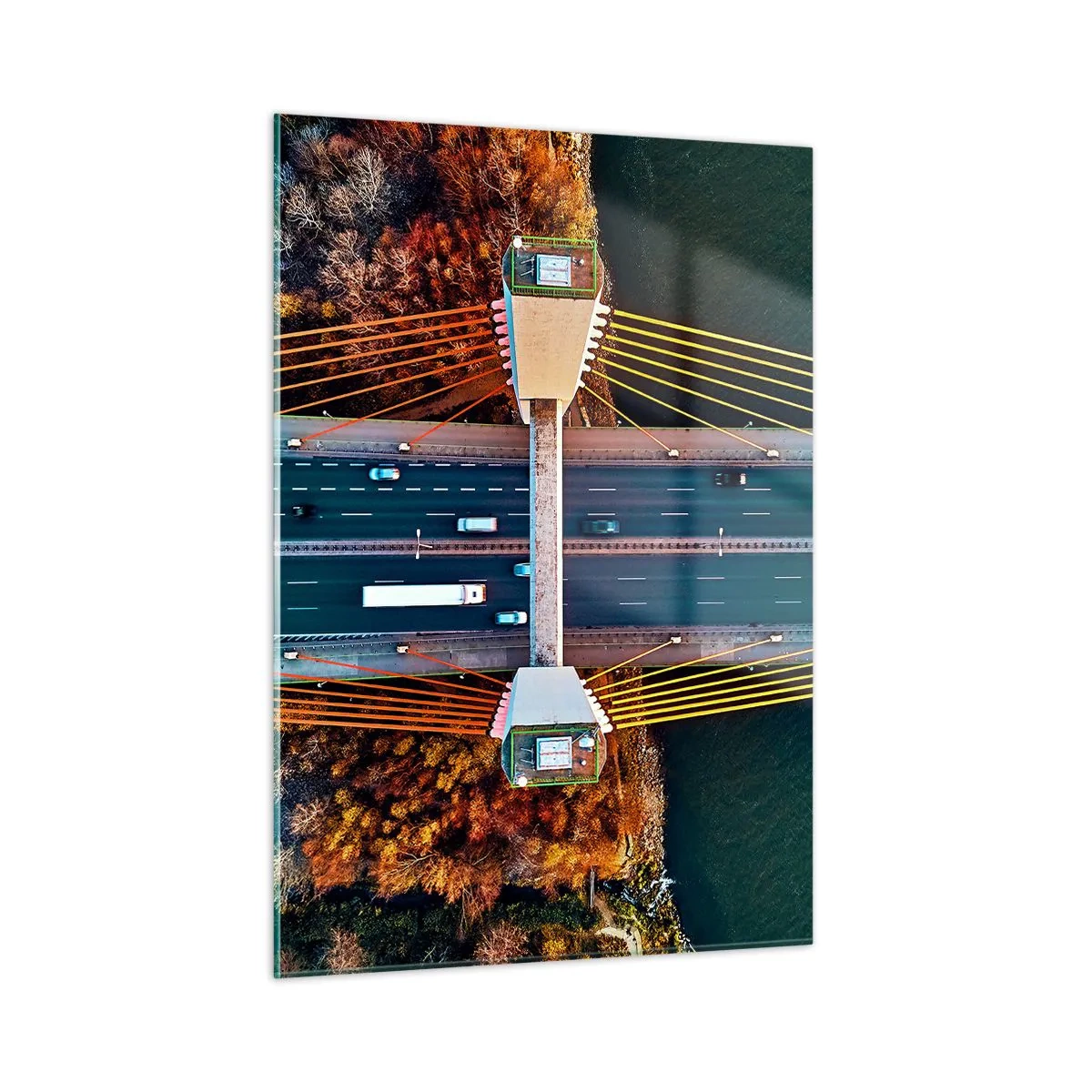Impression sur verre - Image sur verre - Vue aérienne du pont avec une disposition symétrique des câbles et des voitures - 50x70cm - Au dessus de l'eau et de la forêt - Décoration murale moderne pour le salon et la chambre ARTTOR