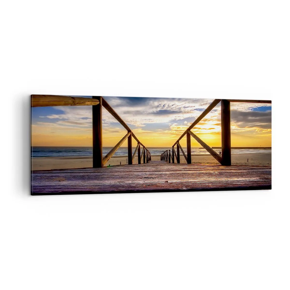Impression sur toile - Image sur toile - Jetée en bois menant à la plage au coucher du soleil - 140x50cm - Directement sur une plage calme au coucher de soleil - Décoration murale moderne pour le salon et la chambre ARTTOR