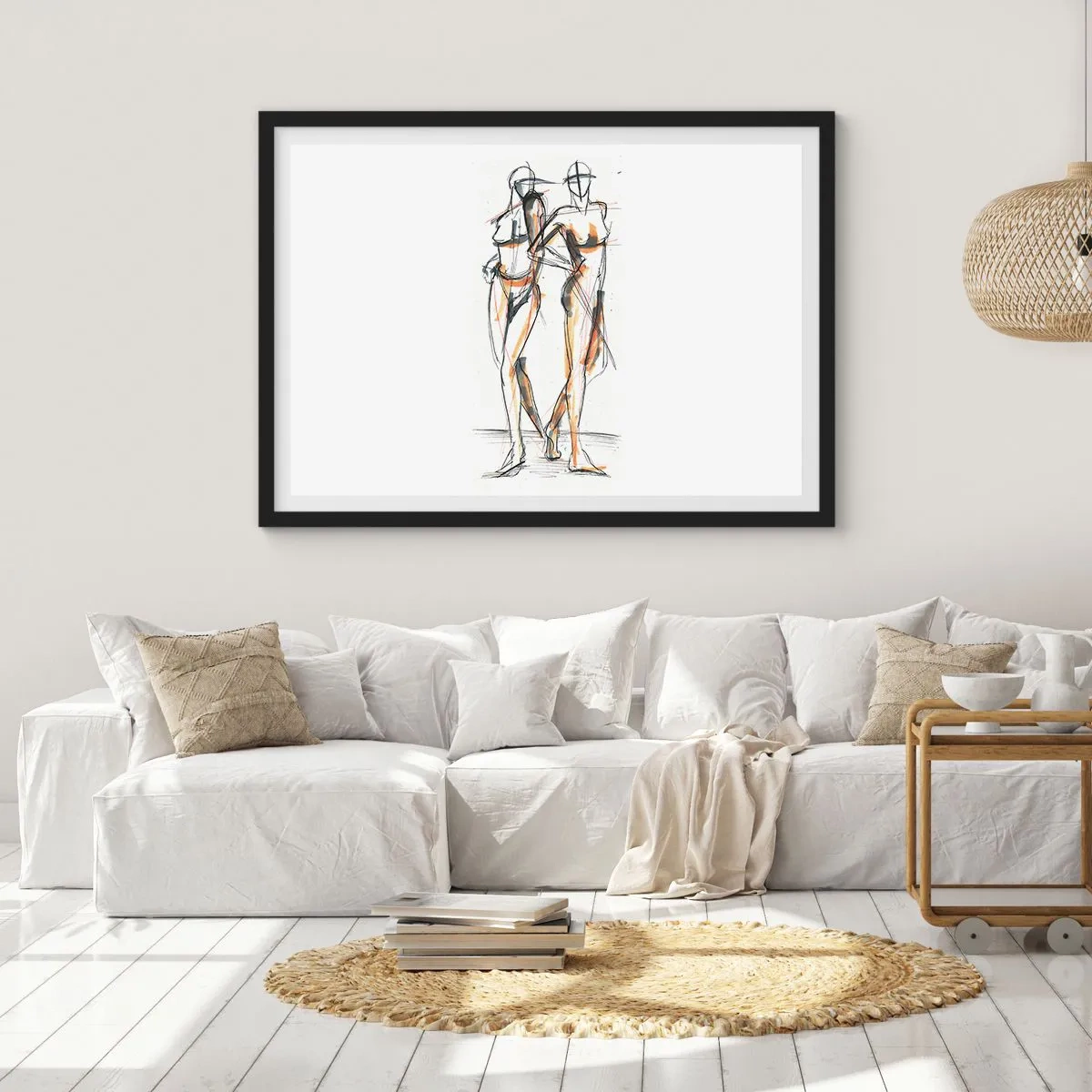 Affiche dans un cadre noir - Poster - Croquis artistique de deux silhouettes sur fond blanc - 70x50cm - Étude de la grâce - Décoration murale moderne pour le salon et la chambre ARTTOR