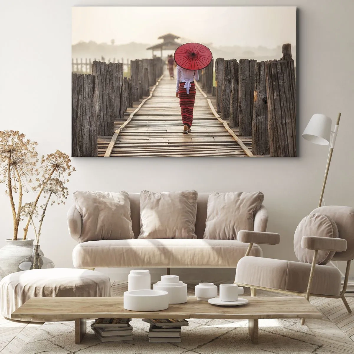 Impression sur toile - Image sur toile - Une femme avec un parapluie rouge sur un pont en bois - 70x50cm - Sur le vieux pont - Décoration murale moderne pour le salon et la chambre ARTTOR