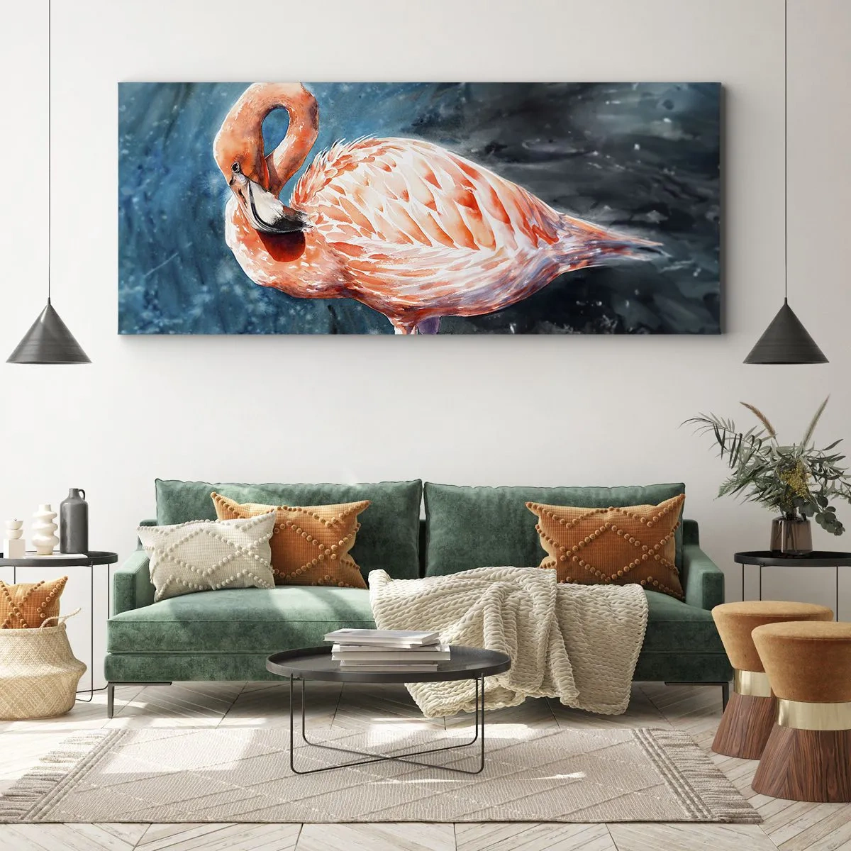 Impression sur toile - Image sur toile - Un flamant rose sur un fond bleu aquarelle - 160x50cm - Décoratif par nature - Décoration murale moderne pour le salon et la chambre ARTTOR