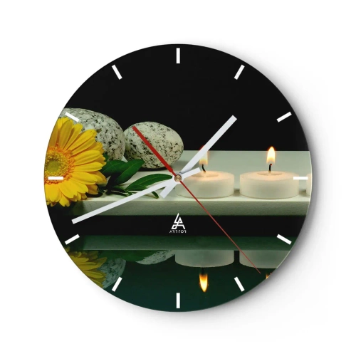 Horloge murale - Pendule murale - Pierres, bougies et une fleur sur fond noir - 30x30cm - Apaisement des sens - Décoration murale moderne pour le salon, la cuisine et la chambre ARTTOR